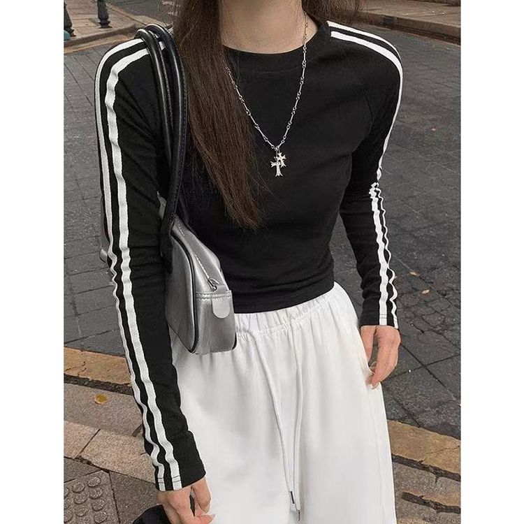 【现货+运险】长款t恤女三条杠运动短袖修身显瘦圆领上衣商品图