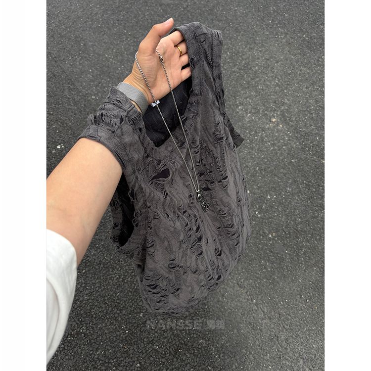 美式高街破洞无袖背心男款夏季新款休闲运动健身坎肩宽松潮流背心商品图