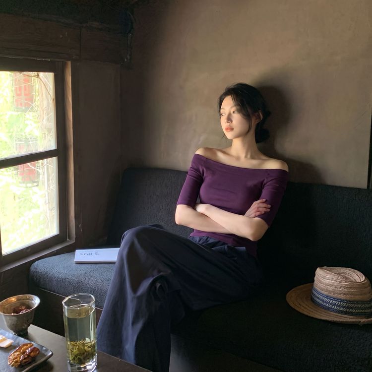 2026早秋一字肩中袖气质纯欲风T恤女新款修身显瘦百搭上衣女82319商品图