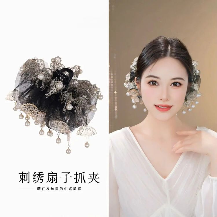 新中式折扇抓夹国风气质百搭流苏垂坠感后脑勺盘发发饰商品图