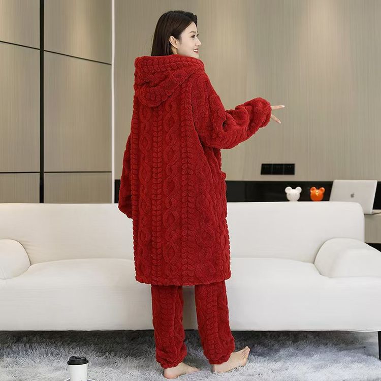 冬季女士中长款加绒加厚连帽大码套装睡衣可外穿睡衣家居服套装商品图