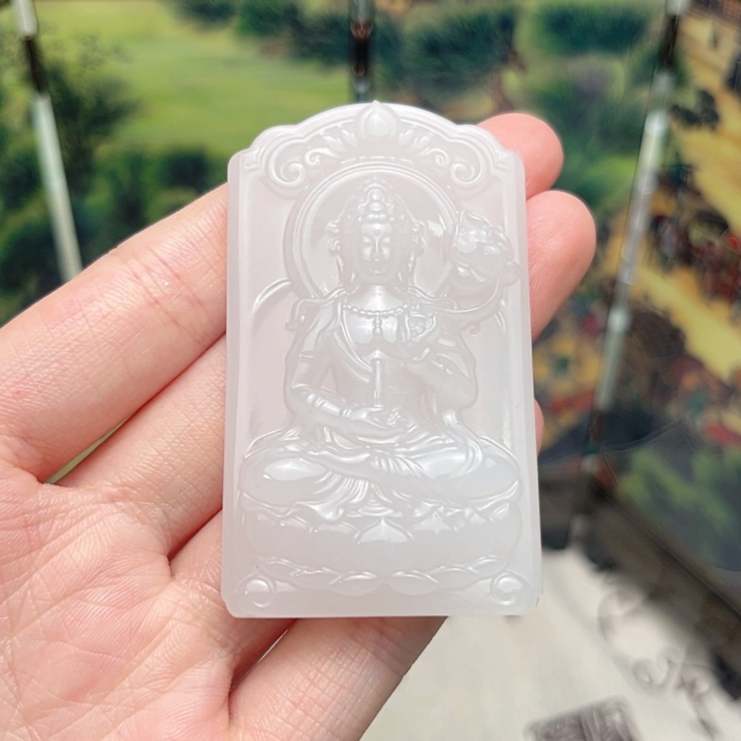 天然和田玉持莲观音牌藕粉色双面精工雕刻细润老熟料商品图
