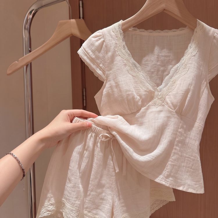 甜美少女蕾丝花边V领短袖睡衣女2026夏季新款大码短裤家居服套装商品图