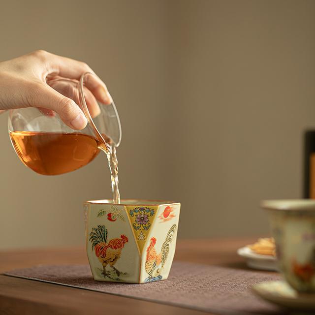 汝窑粉彩金鸡报晓八方陶瓷茶杯个性品茗主人杯用个人专用茶盏可养商品图