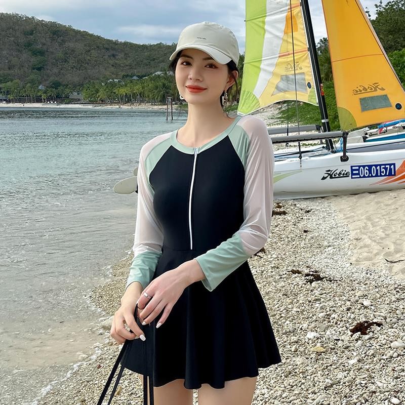 泳衣女夏连体平角保守短袖裙式遮肚显瘦新款韩国ins泡温泉游泳衣商品图