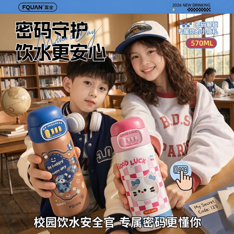 富全2026新款男女高颜值儿童保温保冷保温杯两用上学密码水杯解锁商品图