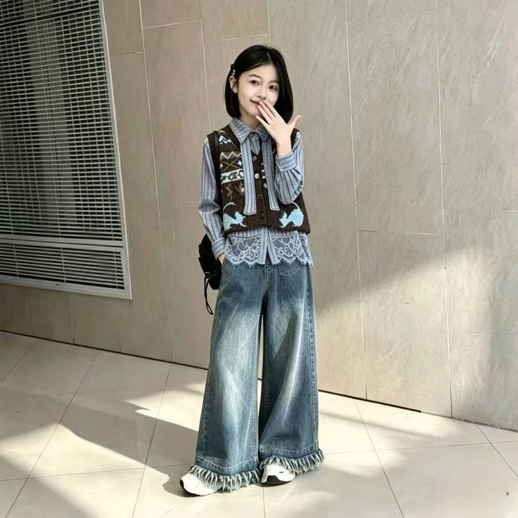 女童学院风V领针织马甲花边衬衫韩系高腰显瘦直筒阔腿裤春秋套装8商品图