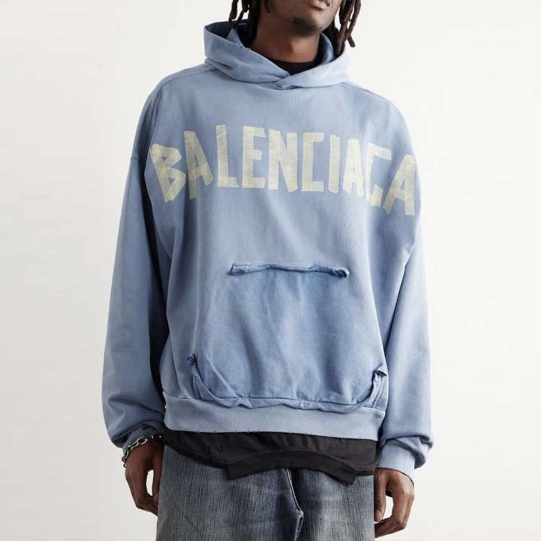 8201/Balenciaga SS24 蓝色破洞logo胶带贴纸连帽卫衣/M码/99新商品图