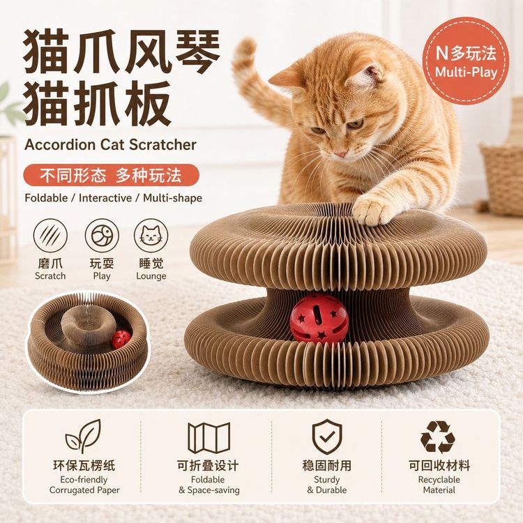 风琴猫抓板磨爪魔术磁吸可折叠变形猫咪掏球玩具耐抓不掉屑瓦楞纸商品图