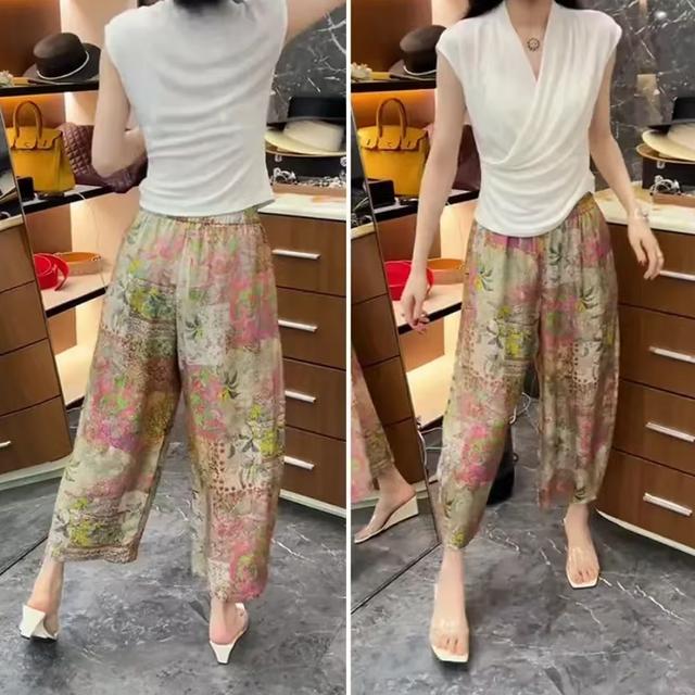 运补 大码夏季新款梨型身材高腰显瘦薄款印花阔腿时尚八分休闲裤商品图