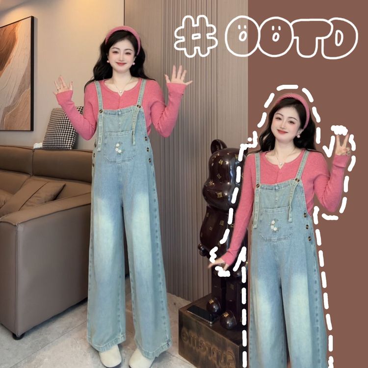 孕妇背带裤秋季女款2026新款时尚洋气宽松牛仔阔腿裤减龄两件套商品图