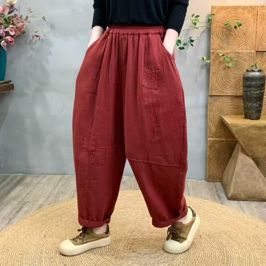 C3290早秋休闲裤女纯色贴布设计感显瘦长裤松紧腰宽松92长140臀围商品图