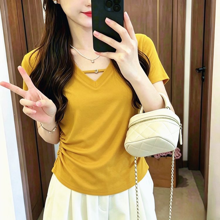 夏季V领短袖T恤女法式减龄气质显瘦百搭半袖纯色设计感上衣2528商品图
