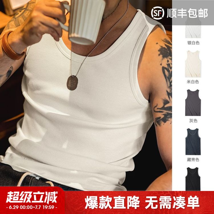 马登工装白色棉健身背心老头跨栏无袖内搭螺纹打底男商品图