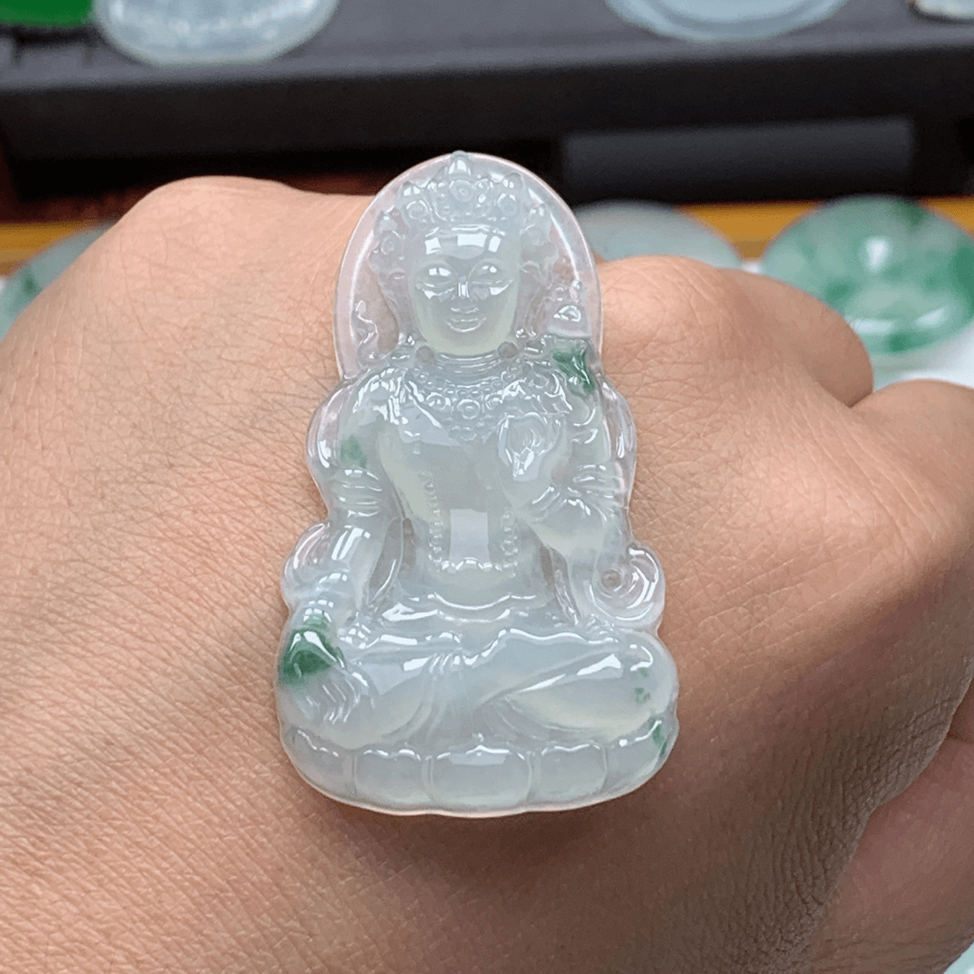 缅甸天然翡翠A货冰种飘花渡母吊坠，尺寸52.4*30.5*5.5商品图