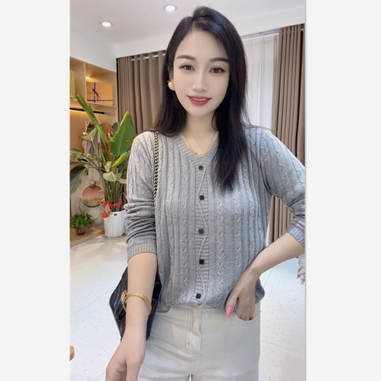 棉针织衫气质麻花透气时尚假开衫V领长袖女2026早秋薄款宽松上衣商品图