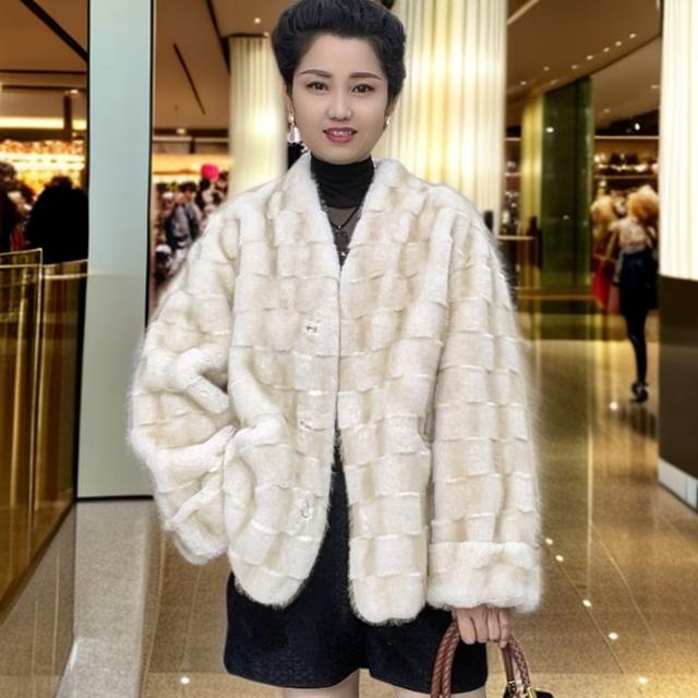 【貂绒世家】V领格子双毛峰毛皮时尚2一体女士休闲轻奢外套商品图