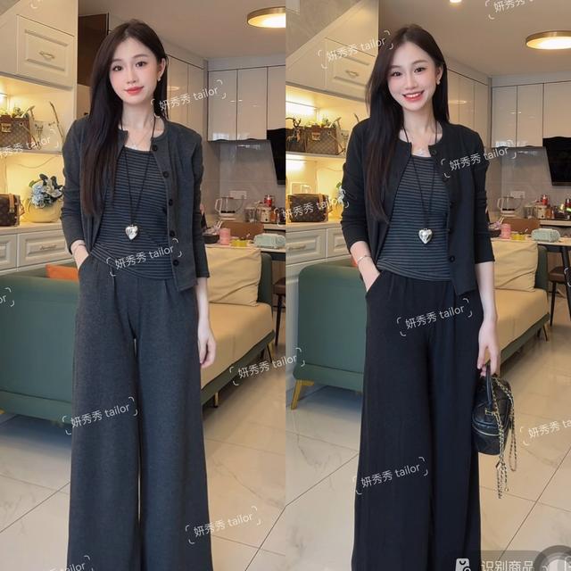  2026早秋条纹吊带背心开衫外套+阔腿裤三件套法式懒庸风气质套装商品图
