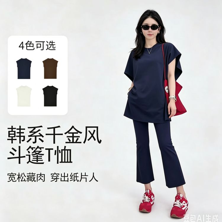 韩系千金风宽松圆领小飞袖斗篷简约T恤女短袖健身衣商品图