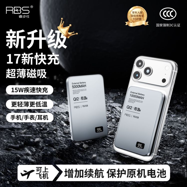 【品牌正品】RBS/睿步仕轻薄款金属磁吸充电宝15W移动电源外接电池商品图