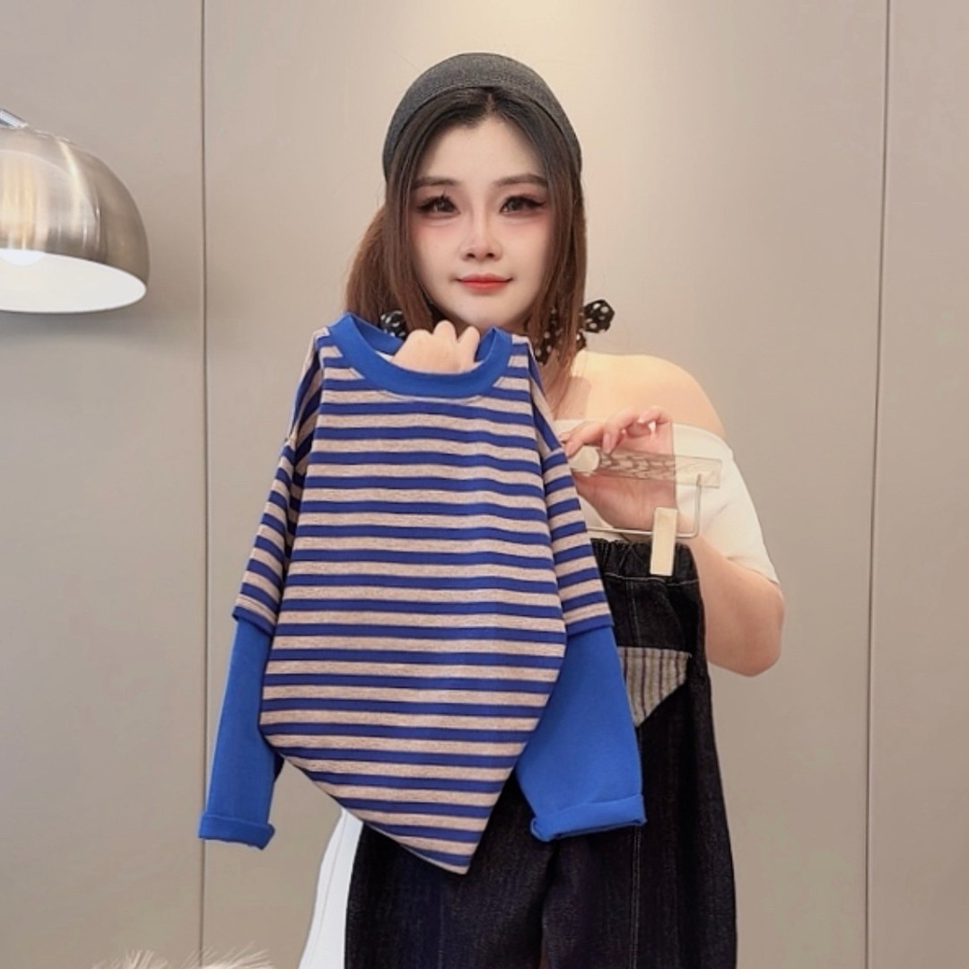 秋季新款儿童假两件休闲条纹长袖T恤百搭上衣商品图