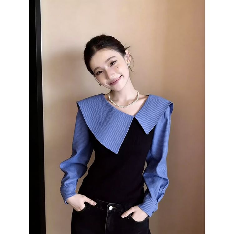 复古撞色条纹翻领长袖衬衫女春季新款不规则独特修身显瘦外穿上衣商品图