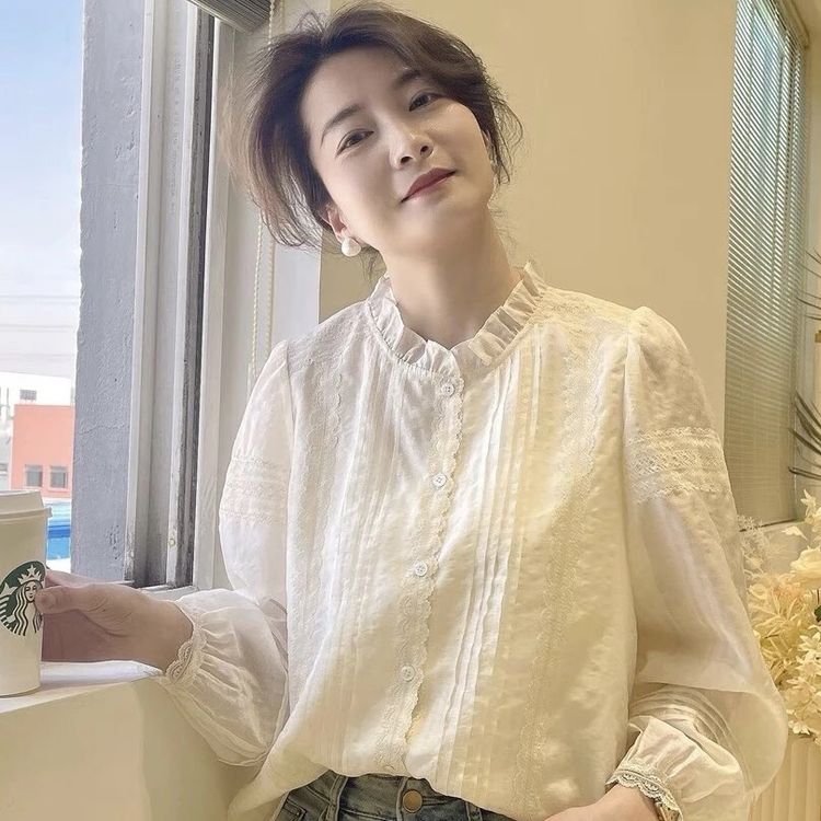 秋新款时尚减龄蕾丝花边长袖宽松显瘦百搭衬衫女上衣059商品图