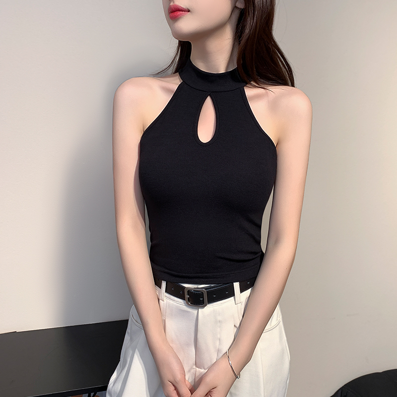 少女风法式吊带法式螺纹黑色挂脖背心韩版镂空辣妹慵懒风打底衫女