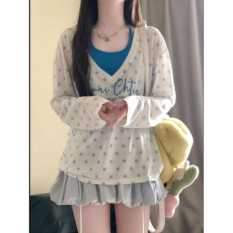CZKT甜美百搭波点印花长袖防晒衫搭挂脖吊带女新款夏季独特两件套