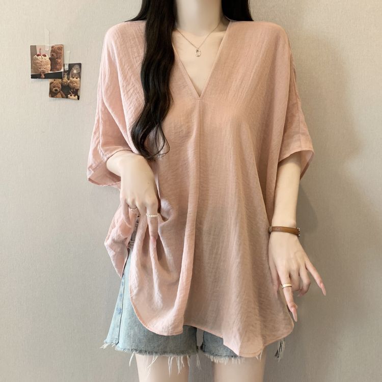 大码胖mm韩系慵懒风V领薄款短袖衬衫女夏宽松遮肉显瘦蝙蝠袖上衣商品图