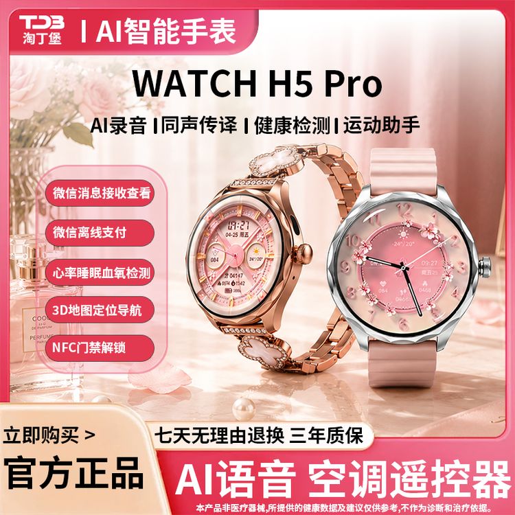 【淘丁堡】H5 Pro时尚多功能蓝牙AI智能手表日程管理微信离线支付DF商品图