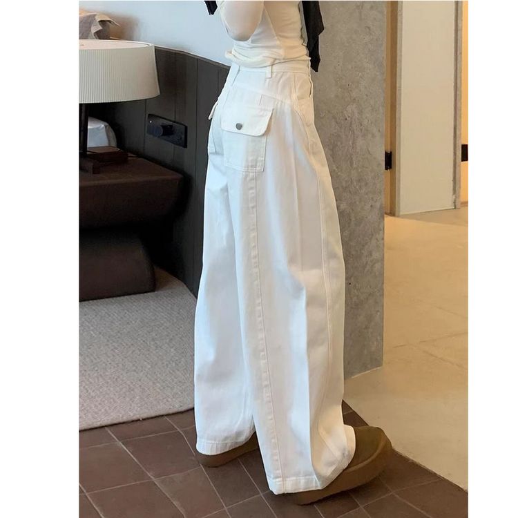 美式辣妹设计感白色牛仔裤子女秋季新款宽松bf慵懒风百搭拖地长裤商品图