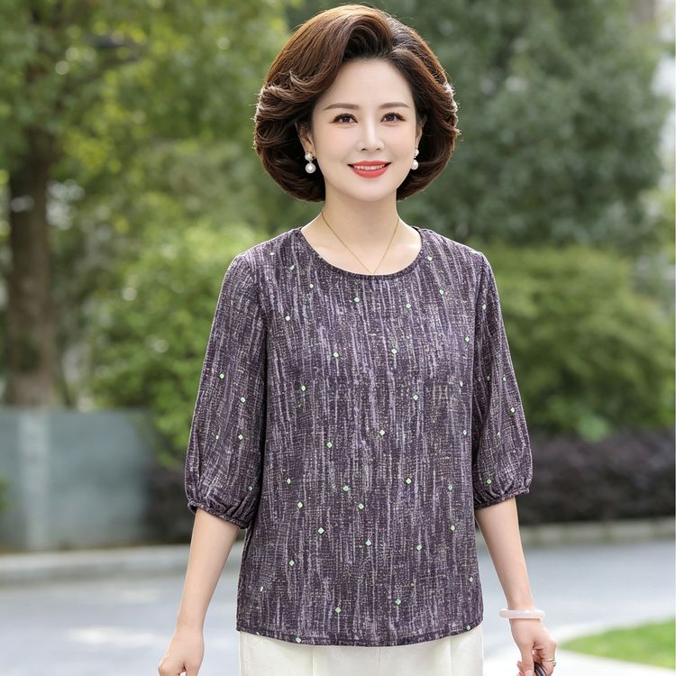 葡萄紫2026夏季新款圆领显瘦气质宽松百搭中老年妈妈装女上衣小衫商品图