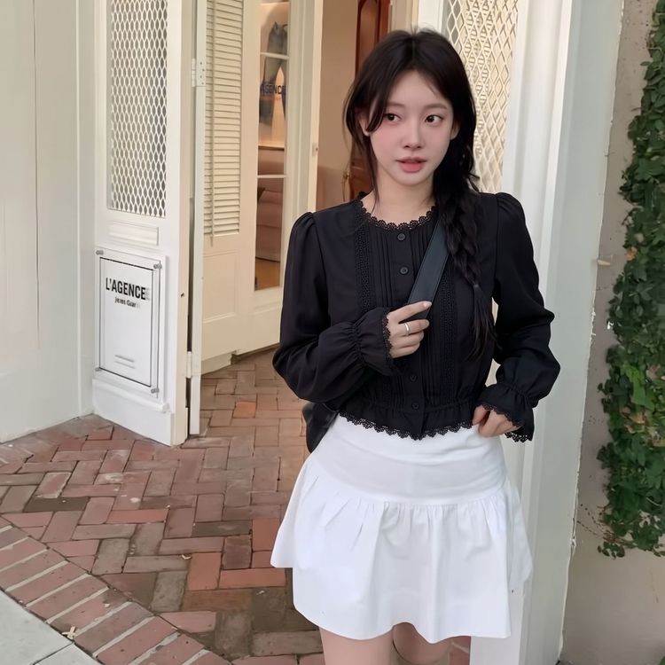 番茄妹妹Tomatosister 天丝棉法式黑色花边宽松显瘦气质上衣商品图