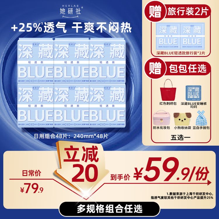 【达人专属】她研社深藏blue卫生巾姨妈巾日用夜用透气防漏6包DR商品图