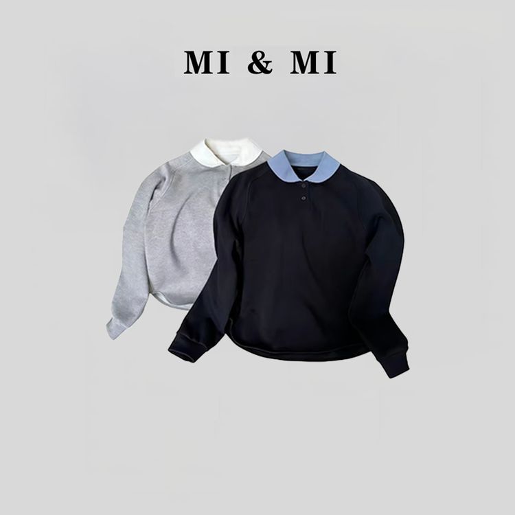 【米米服饰】早秋简约宽松百搭撞色娃娃领休闲卫衣 2602-632商品图