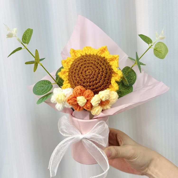 【向日葵抱抱桶-成品】开学季送老师教师节礼物编织针织花毛线花束商品图