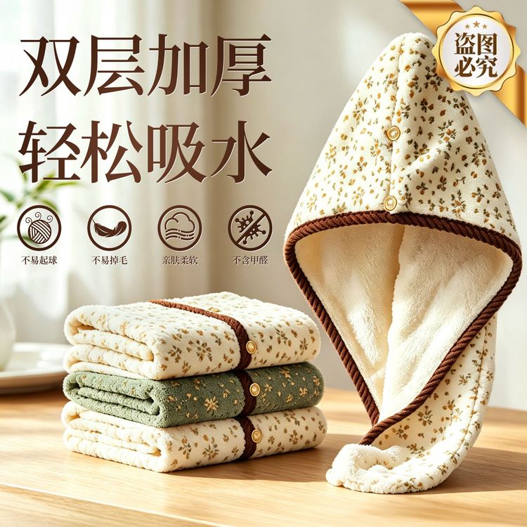 雨沃新款法式印花双层干发帽加厚吸水珊瑚绒浴帽家用包头巾干发巾商品图