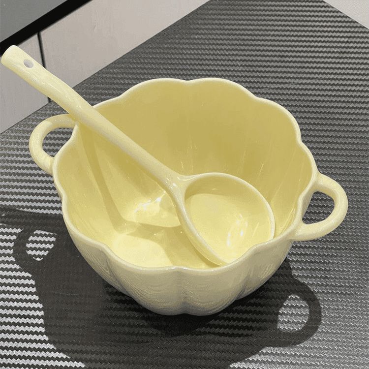 可爱奶黄色ins风饭饭碗高温实用沙拉碗陶瓷双耳汤碗个人陶瓷饭碗商品图