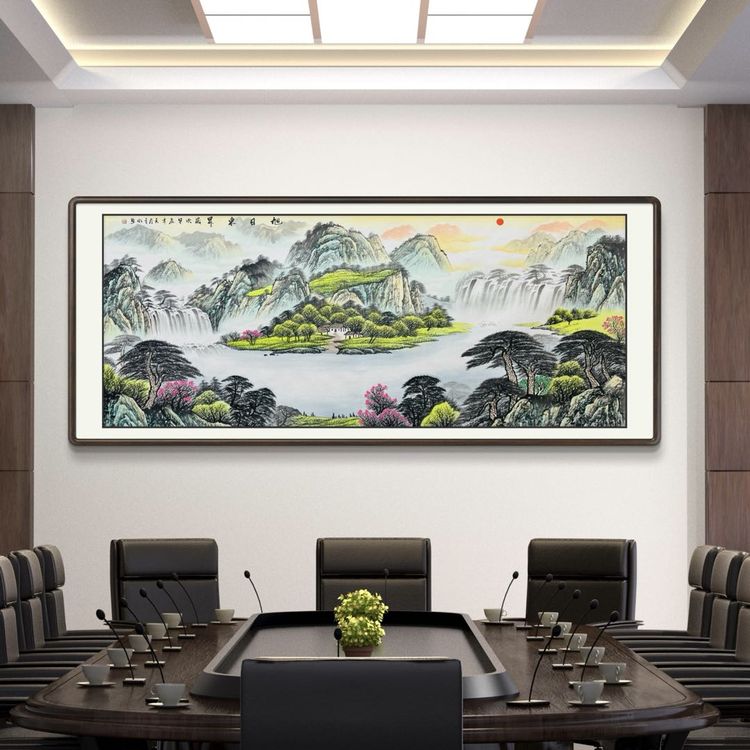 《旭日东升》手工画山水画四尺六尺八尺青绿挂画山水客厅床头商品图