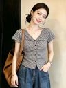 巨好看V领格子短袖衬衫衬衣女2026新款夏季小衫法式小资漂亮上衣商品图