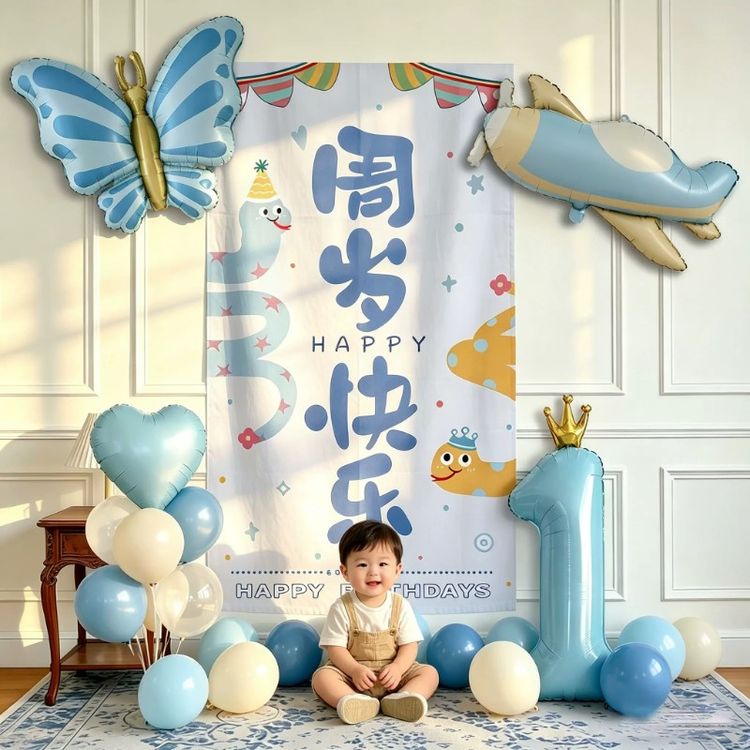 蛇宝宝周岁礼抓周仪式派对氛围挂布装饰男女孩生日布置背景墙气球商品图