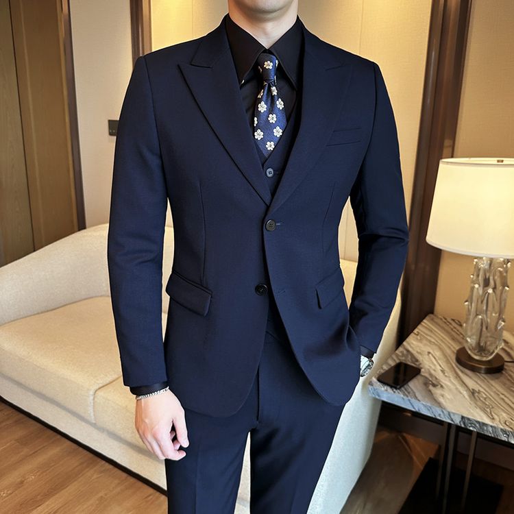 西服套装男士三件套新郎结婚礼服两粒扣戗驳领西装男英伦修身外套商品图