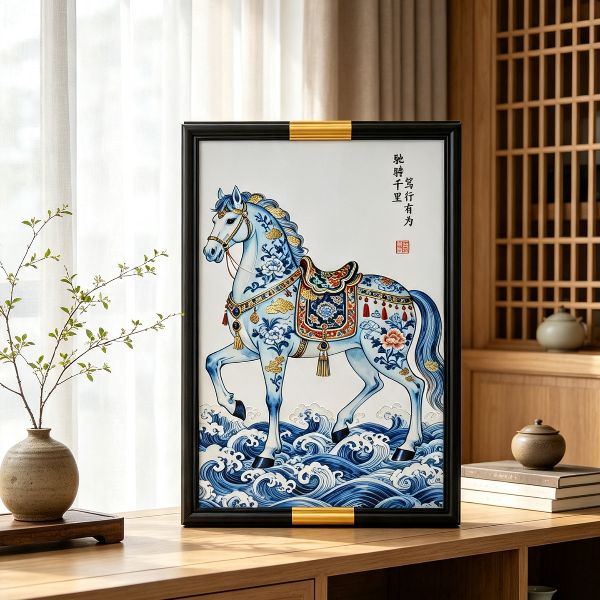 新中式青花瓷马装饰画驰骋千里骏马客厅玄关书房挂画骏马4565商品图