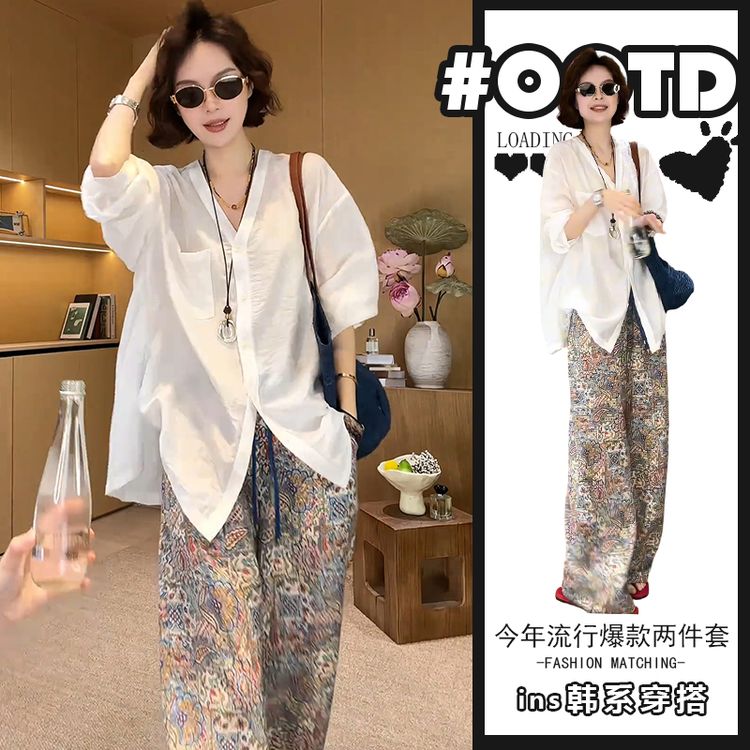 夏季2026年设计感蕾丝拼接后开叉衬衫碎花长裤轻熟风显气质两件套商品图