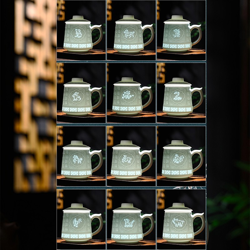 景德镇十二生肖玲珑陶瓷茶杯带盖带茶漏家用办公送礼高档礼盒包装商品图