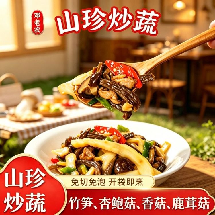 山珍炒蔬开袋即炒嫩竹笋尖鹿茸菇杏鲍菇香菇组合笋类制品鲜脆嫩爽商品图