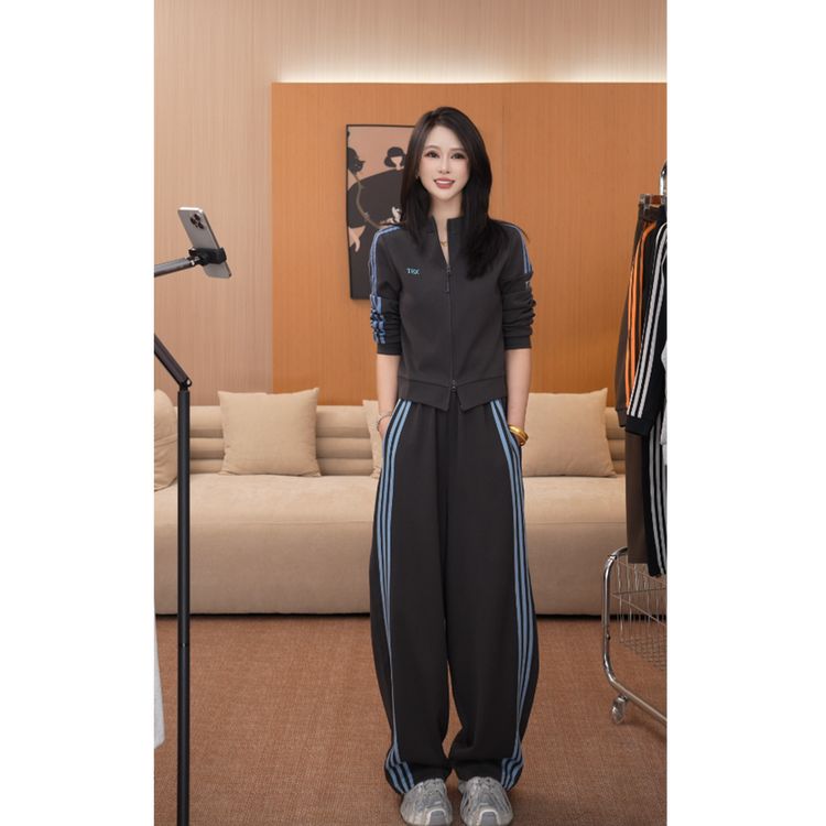 运动风宽松显瘦撞色条纹立领卫衣套装阔腿裤休闲女装两件套商品图