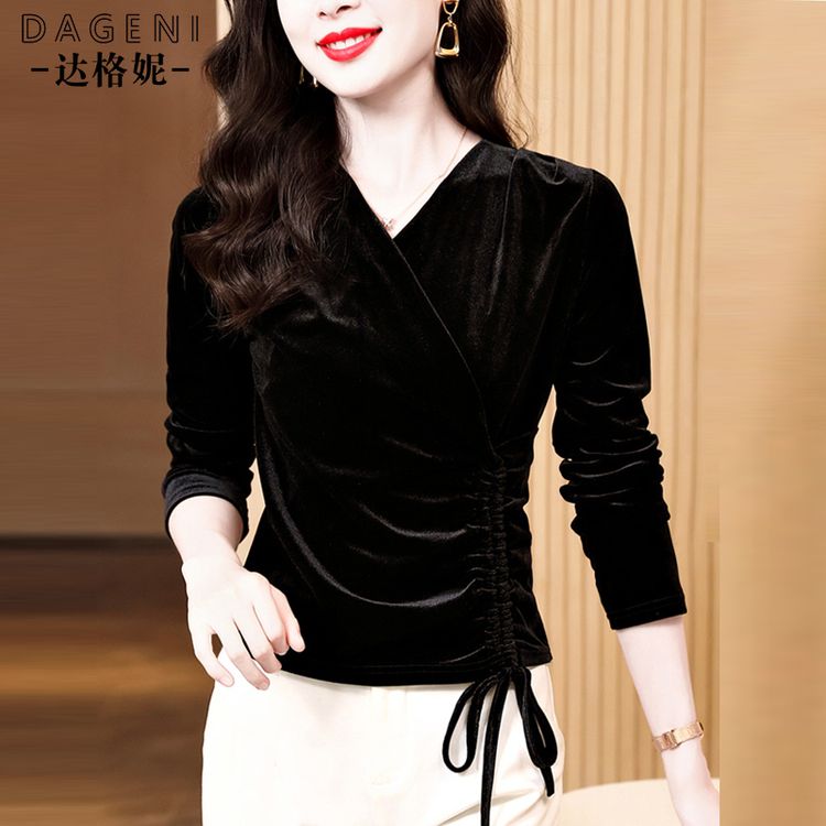 高级感丝绒女上衣V领蕾丝打底衫内搭2026春季新款洋气小衫长袖t恤商品图