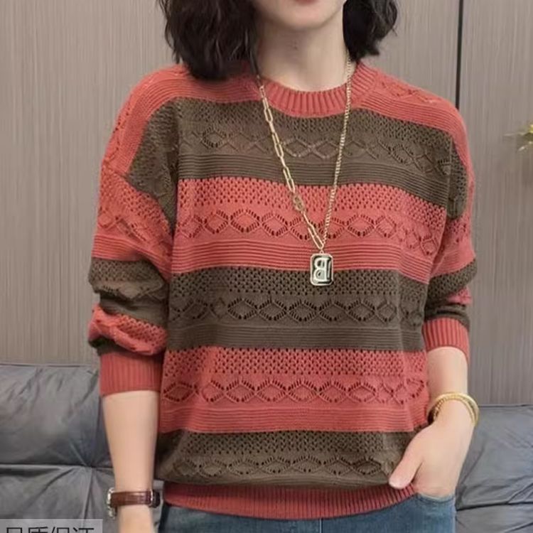 针织衫女士装2026新款洋气条纹时尚韩版百搭宽松显瘦长袖镂空上衣商品图